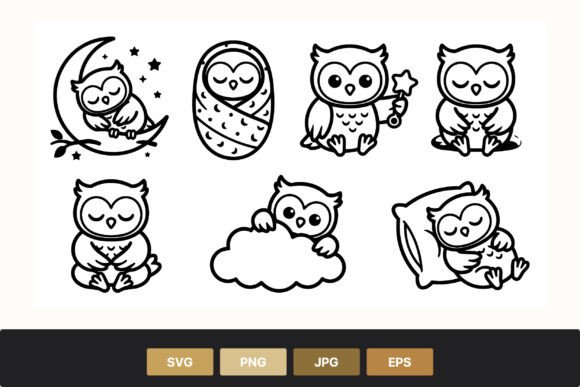 Download Cute Black White Owl Cartoon Set - Black Collection
