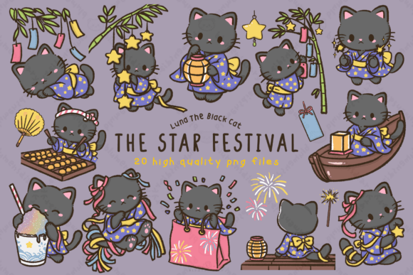Download Kawaii Black Cat Star Festival Clipart - Black Collection