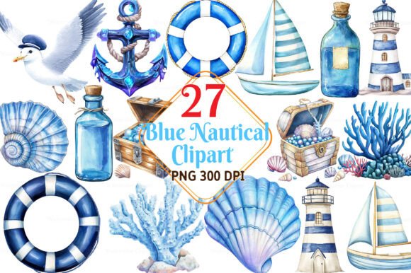 Download Watercolor Blue Nautical Collection Clip - Nautical Collection